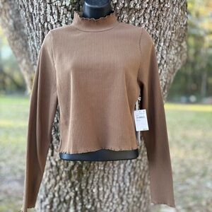 GOOD AMERICAN OLIVE BROWN LONG SLEEVE RIBBED LETTUCE EDGE CROPPED TOP TURTLENECK